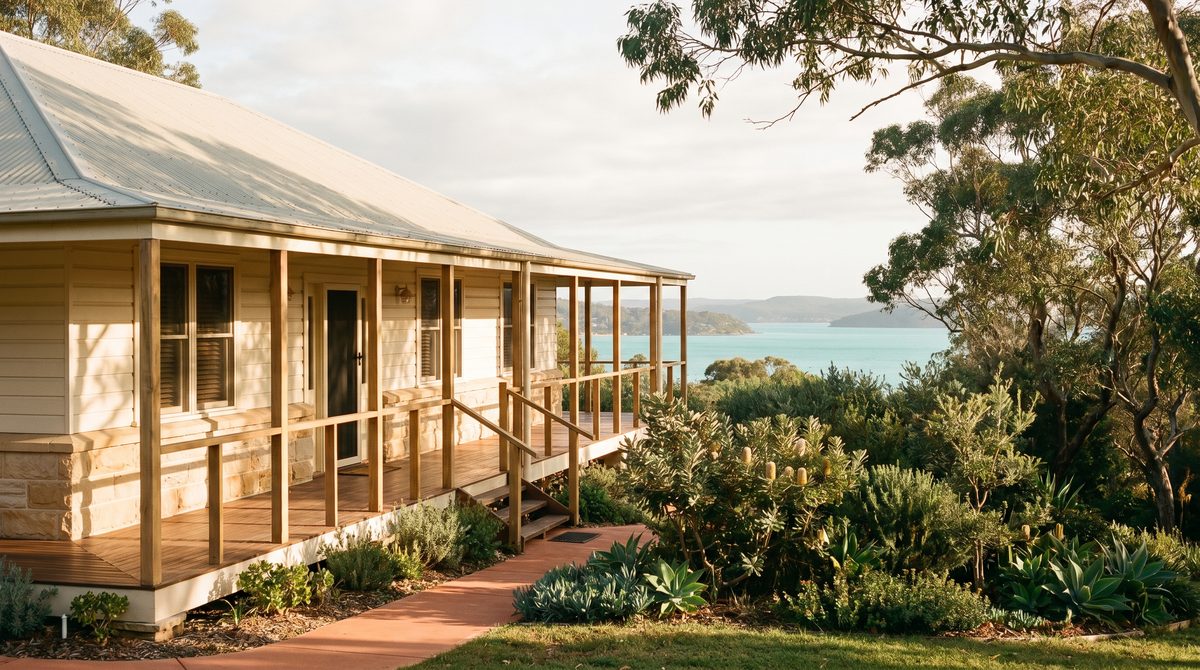 Classic Central Coast weatherboard and sandstone home with a glimpse of coastal water