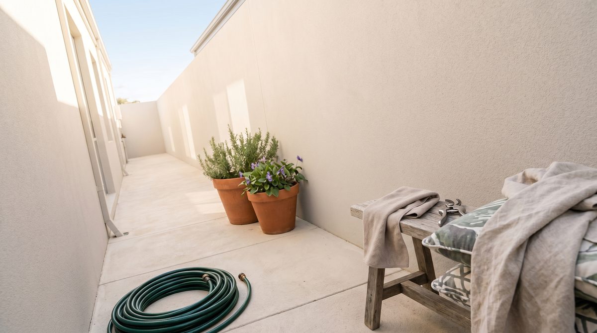 Tidy residential side passage prepared for professional exterior cleaning