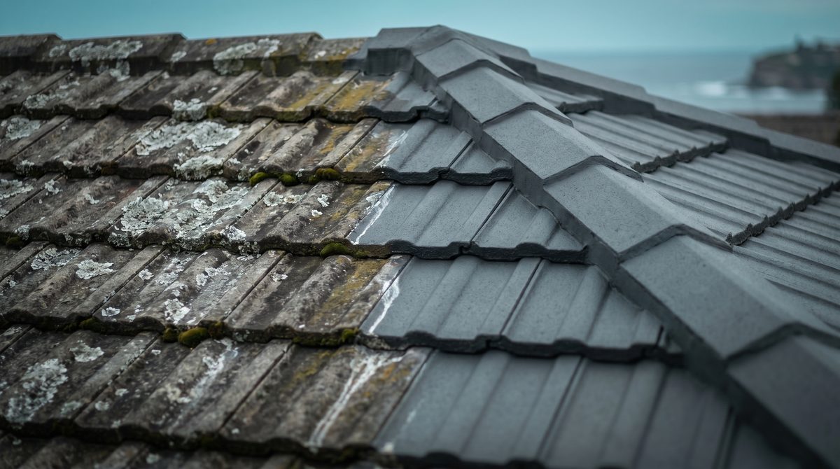 Australian residential roof tiles showing weathered and restored sections side by side