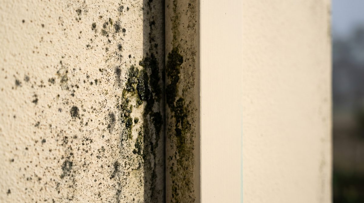 Close-up of exterior render wall with black mould transitioning to pristine restored surface