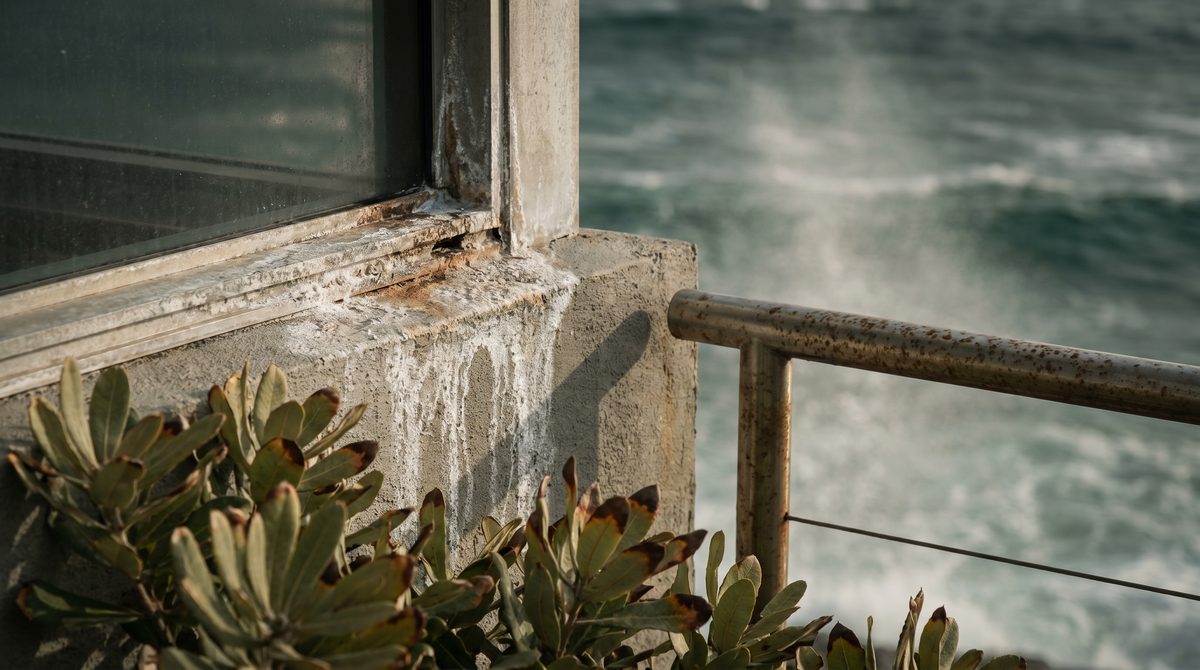 Weathered coastal NSW property exterior showing salt-air damage with the ocean beyond