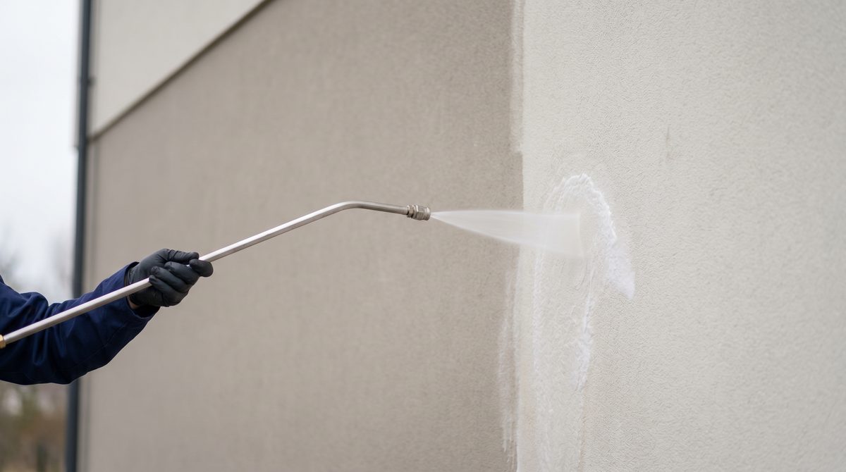 Professional softwash application on a rendered exterior wall