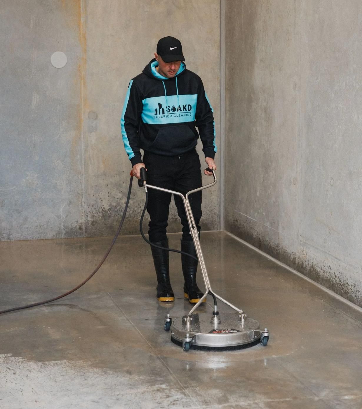 High-pressure surface cleaner transforming a stained concrete driveway