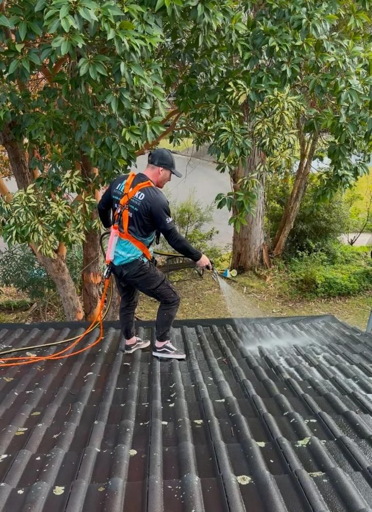 SOAKD operator softwashing the roof of a residential coastal home
